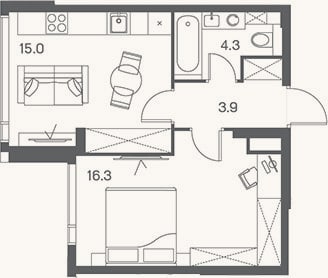 Планировка: 1-к, 39,5 м²