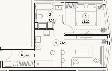 Планировка: 2-к, 44,3 м²