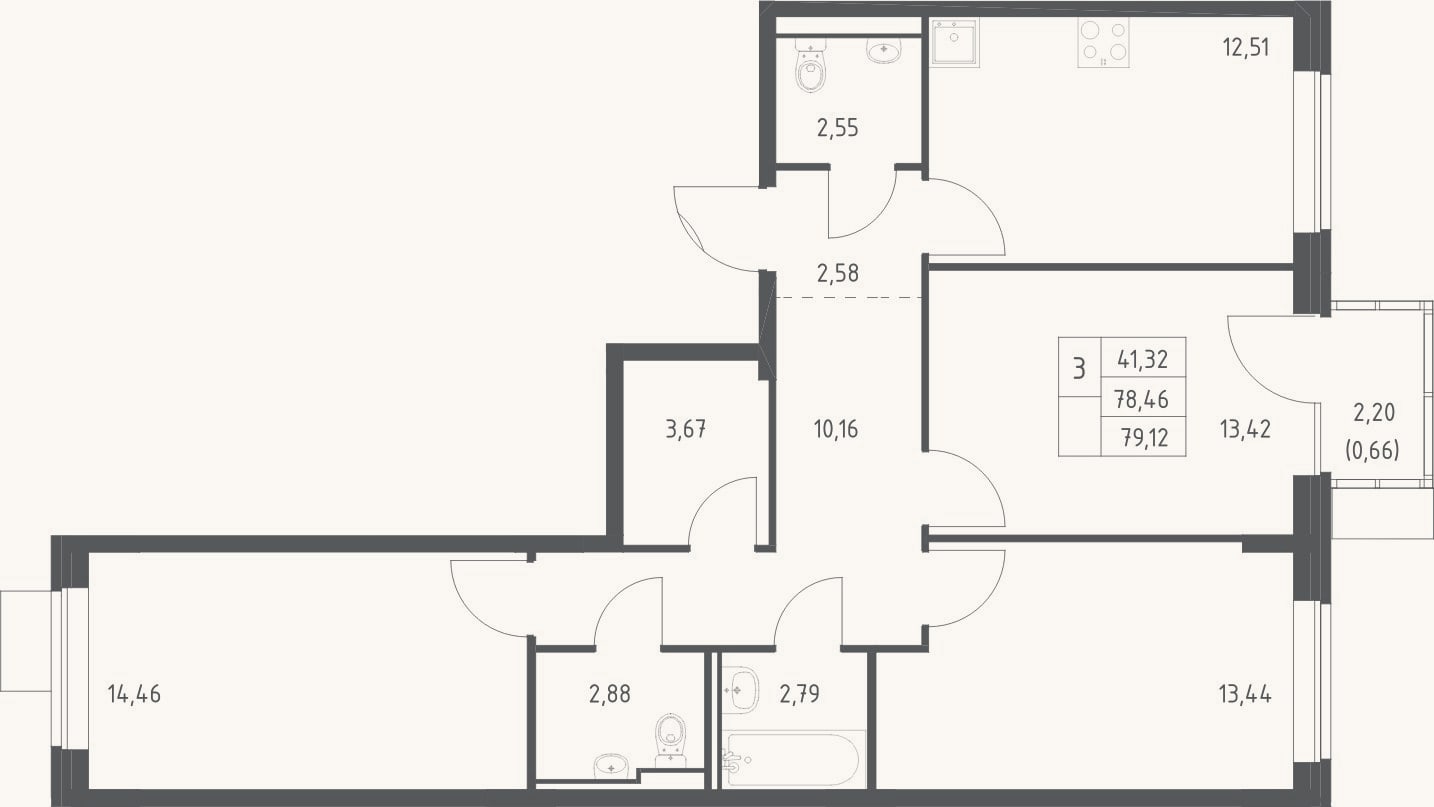 Планировка: 3-к, 78,5 м²