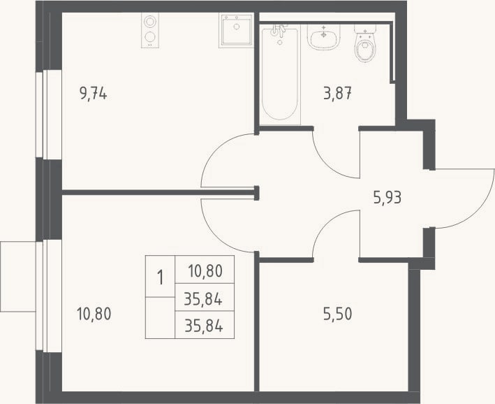 Планировка: 1-к, 35,8 м²