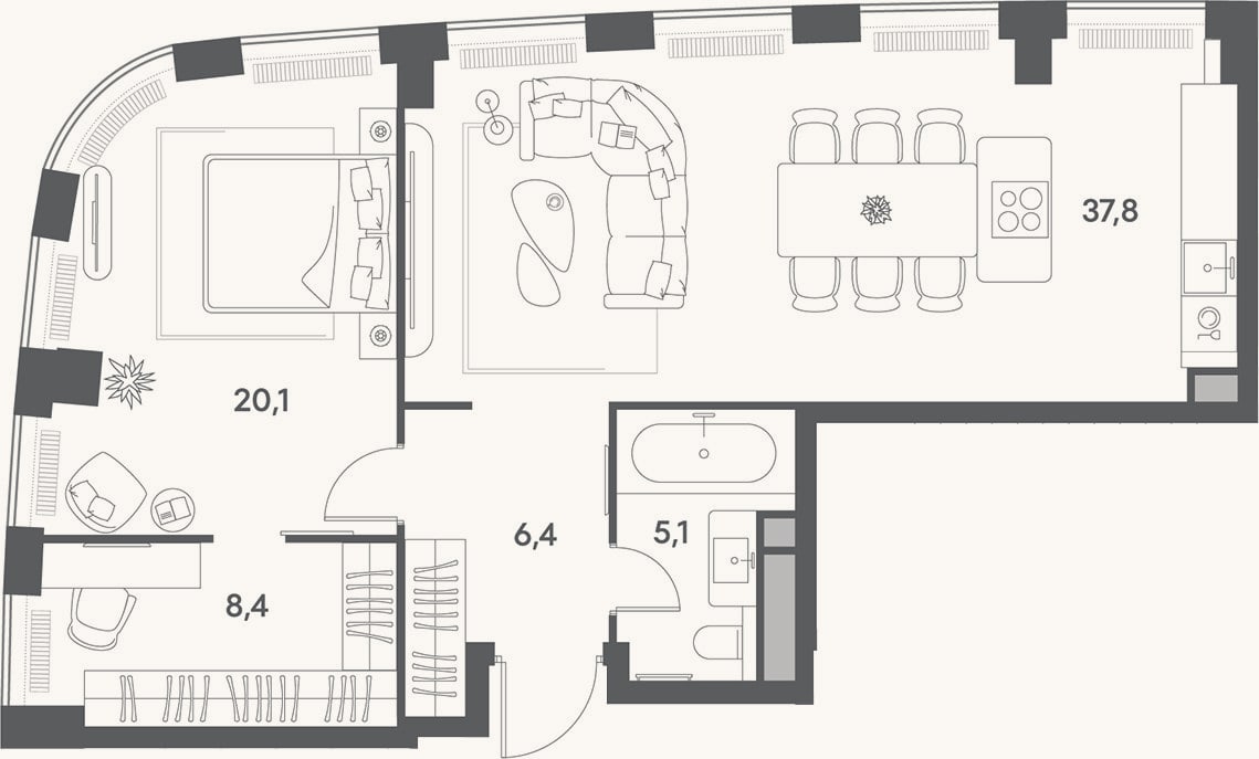 Планировка: 2-к, 77,8 м²