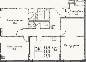 Планировка: 3-к, 98,3 м²