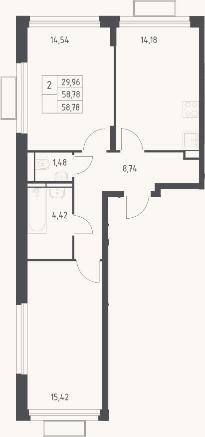 Планировка: 2-к, 58,8 м²