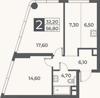 Планировка: 2-к, 56,8 м²