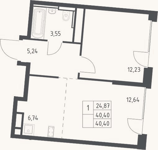 Планировка: 2-к, 40,4 м²
