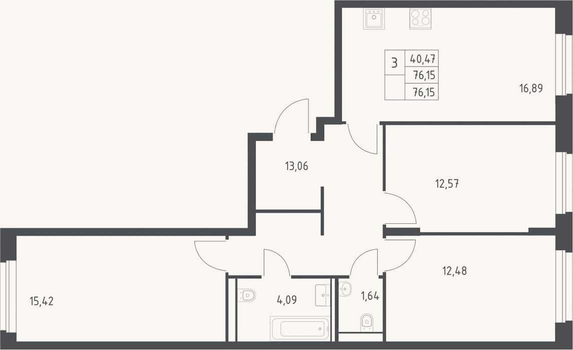 Планировка: 3-к, 76,2 м²