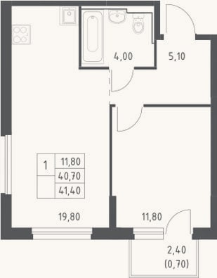 Планировка: 2-к, 40,7 м²