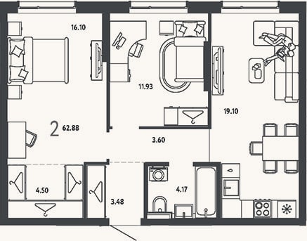 Планировка: 2-к, 62,9 м²