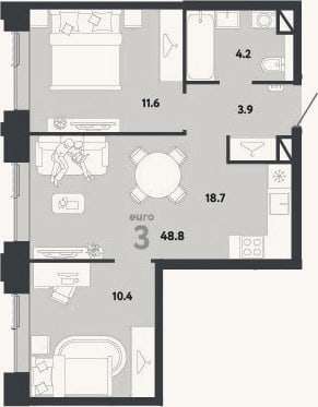 Планировка: 3-к, 48,8 м²