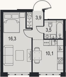Планировка: 1-к, 33,8 м²