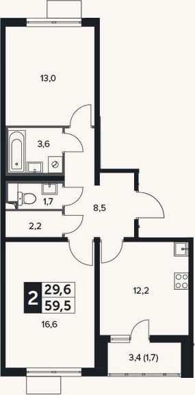 Планировка: 2-к, 57,8 м²
