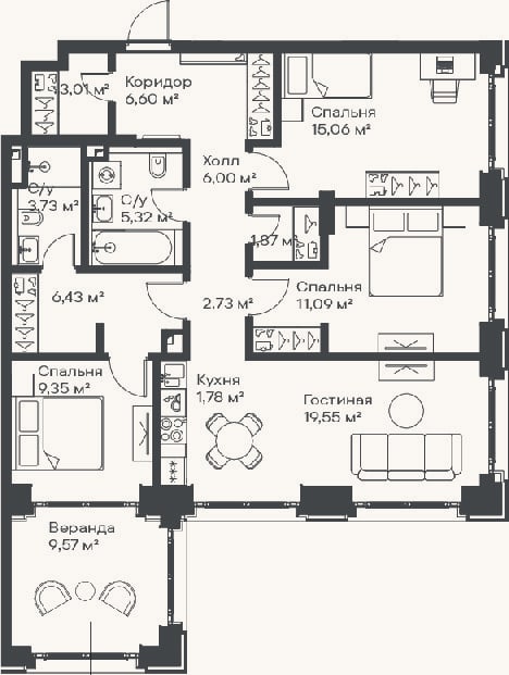 Планировка: 4+ к, 92,6 м²