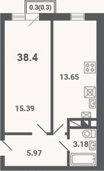 Планировка: 1-к, 38,1 м²