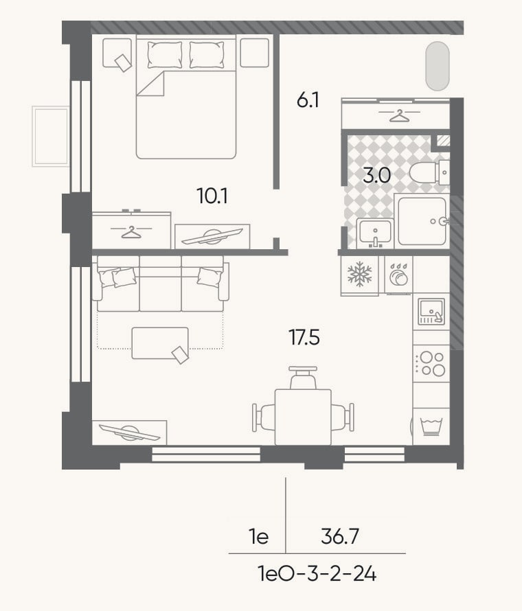 Планировка: 2-к, 36,7 м²