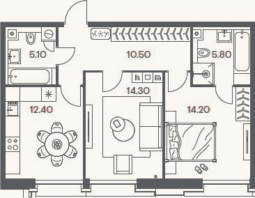 Планировка: 2-к, 62,3 м²