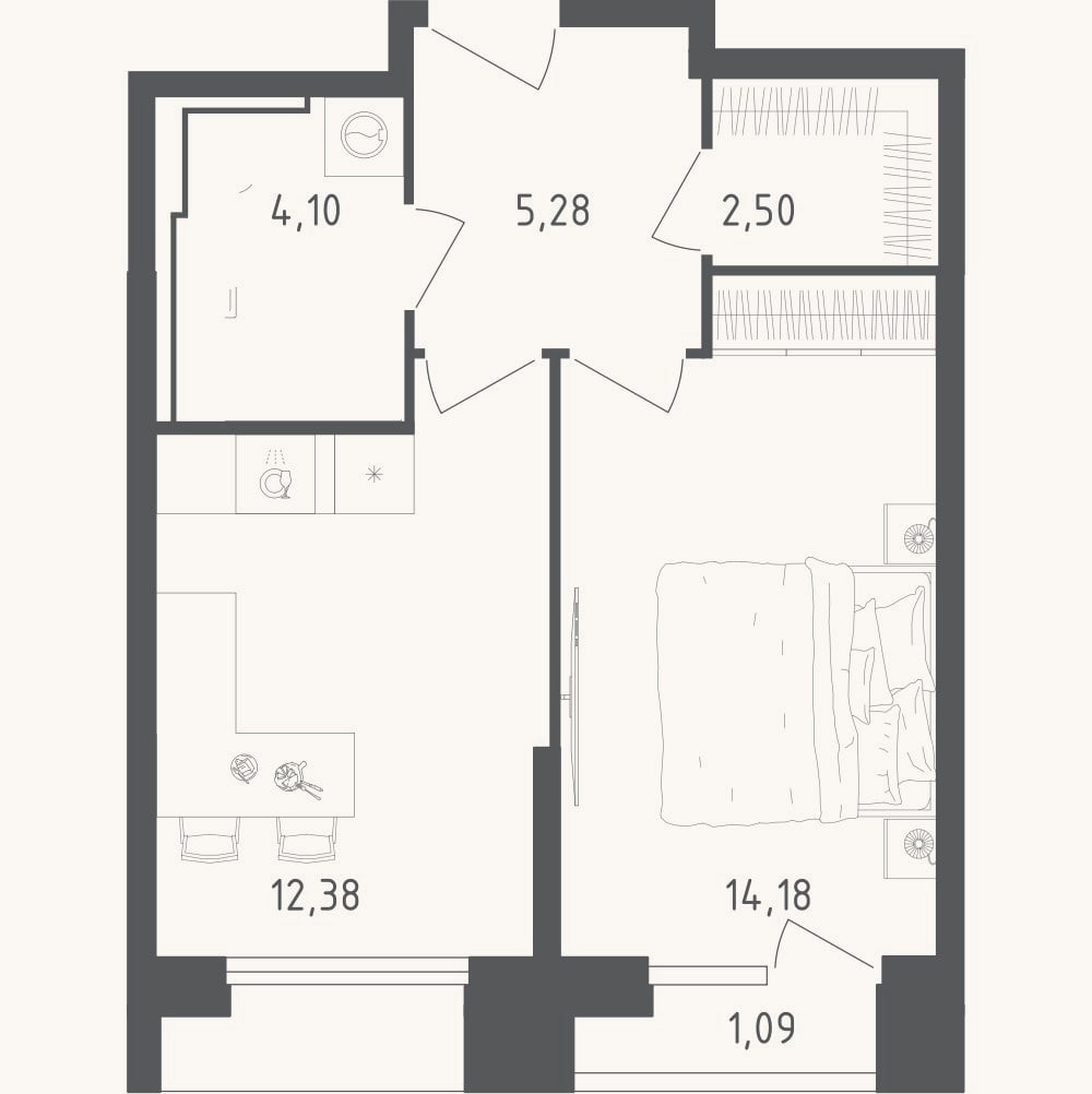 Планировка: 1-к, 38,4 м²