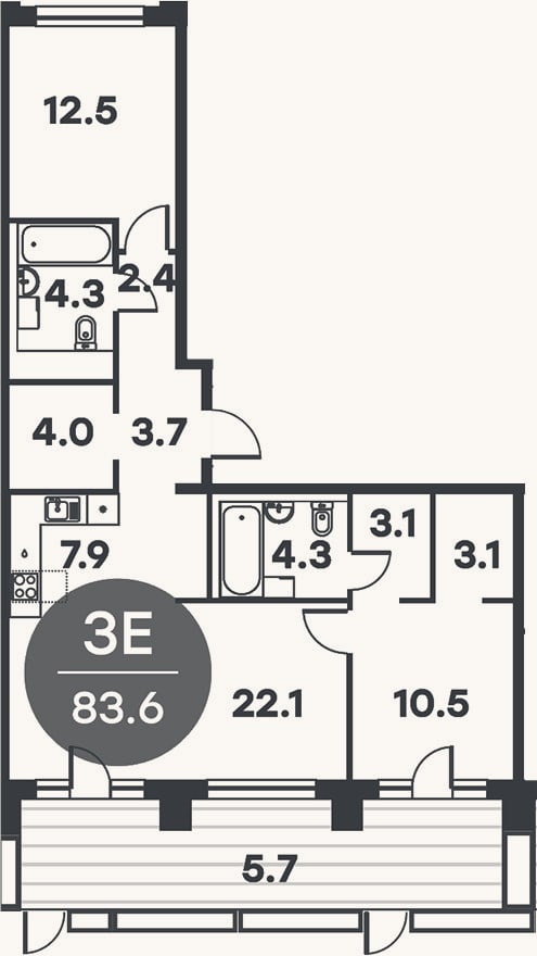 Планировка: 3-к, 82,4 м²