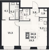 Планировка: 2-к, 58,3 м²