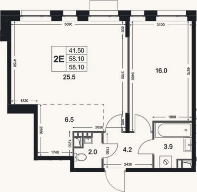 Планировка: 2-к, 58,1 м²
