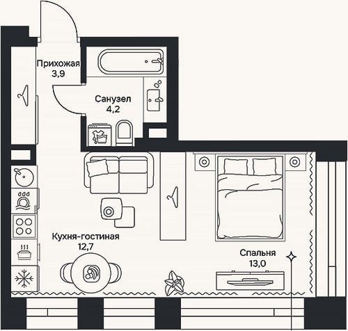 Планировка: Студия, 33,8 м²