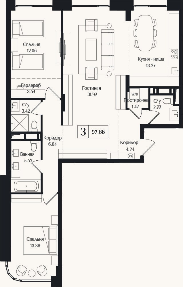 Планировка: 3-к, 97,7 м²