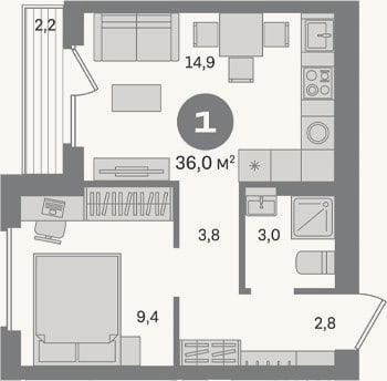 Планировка: 1-к, 33,8 м²