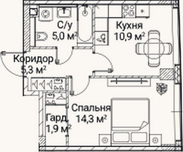 Планировка: 1-к, 36,7 м²
