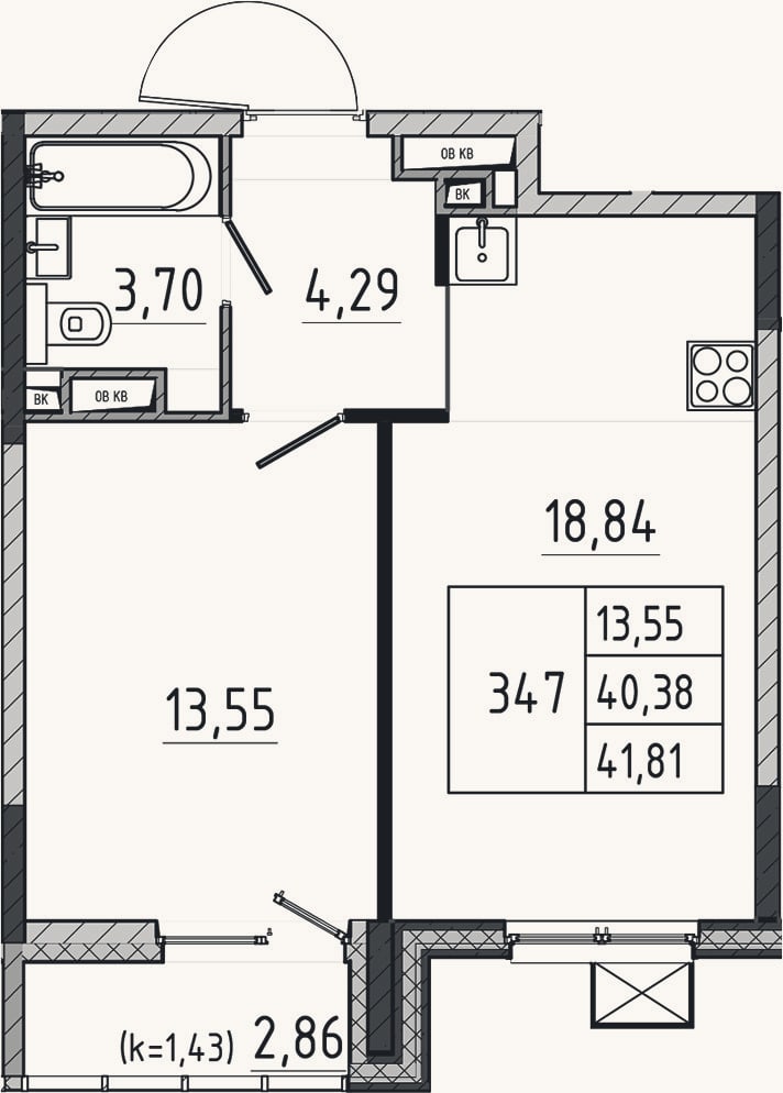 Планировка: 2-к, 40,4 м²