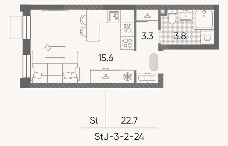 Планировка: Студия, 22,7 м²