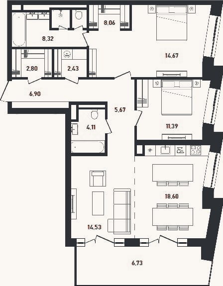 Планировка: 3-к, 97,5 м²