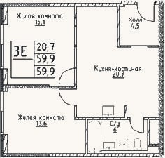 Планировка: 3-к, 59,9 м²