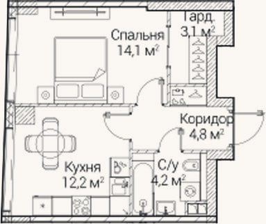 Планировка: 1-к, 38,5 м²