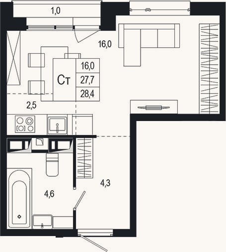 Планировка: Студия, 27,7 м²