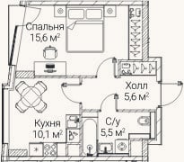 Планировка: 1-к, 36,5 м²