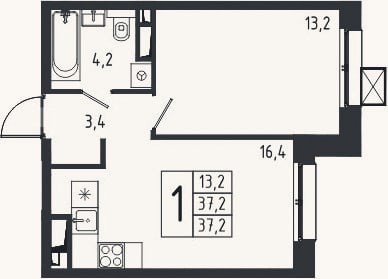 Планировка: 1-к, 37,2 м²