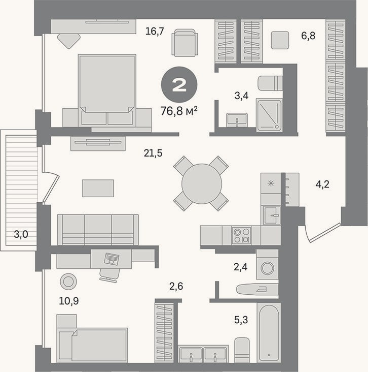 Планировка: 2-к, 73,8 м²