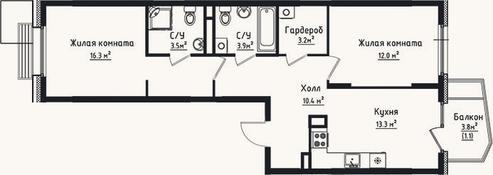 Планировка: 2-к, 62,6 м²