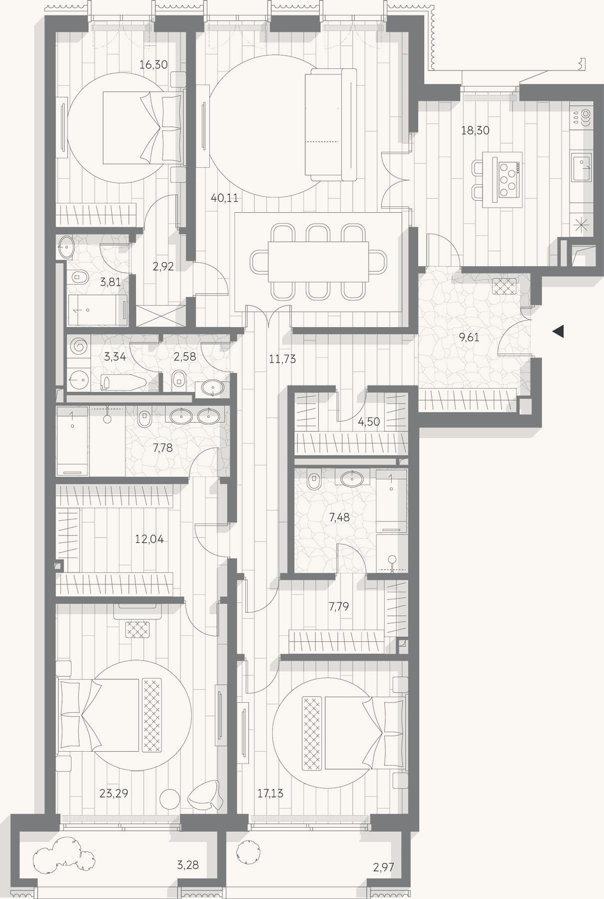 Планировка: 4+ к, 188,7 м²