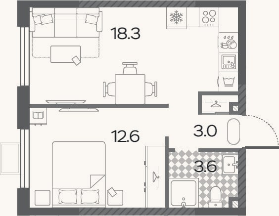 Планировка: 2-к, 37,5 м²
