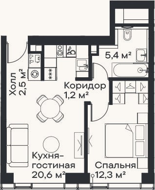 Планировка: 2-к, 42 м²