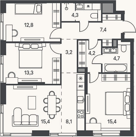 Планировка: 4+ к, 88,8 м²