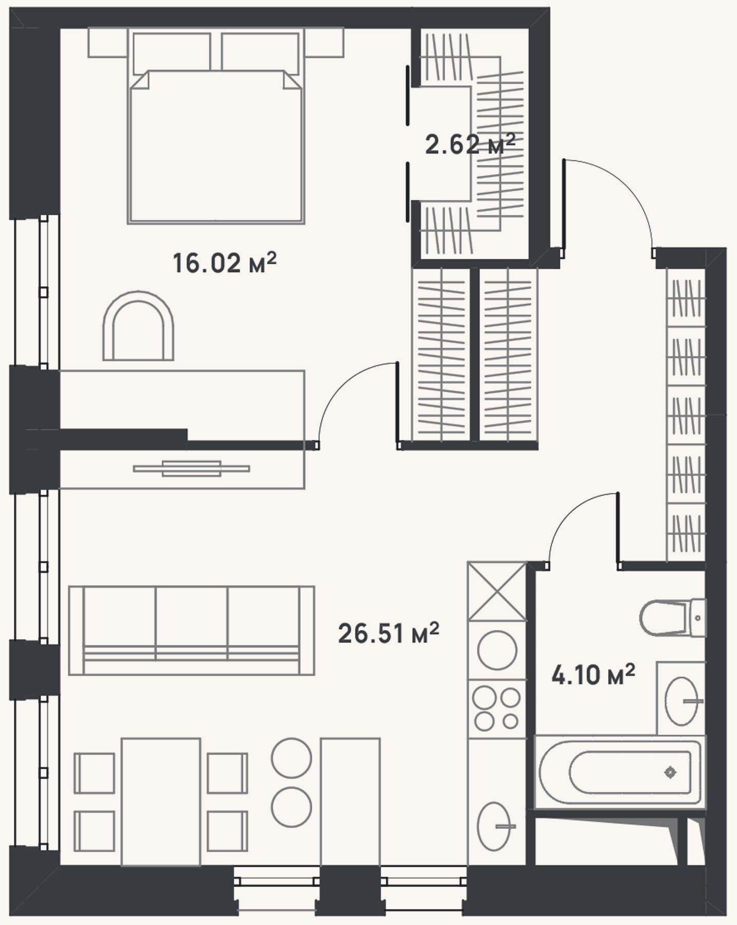 Планировка: 2-к, 49,3 м²