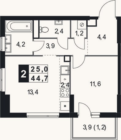 Планировка: 2-к, 43,5 м²