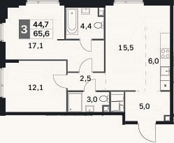 Планировка: 3-к, 65,6 м²