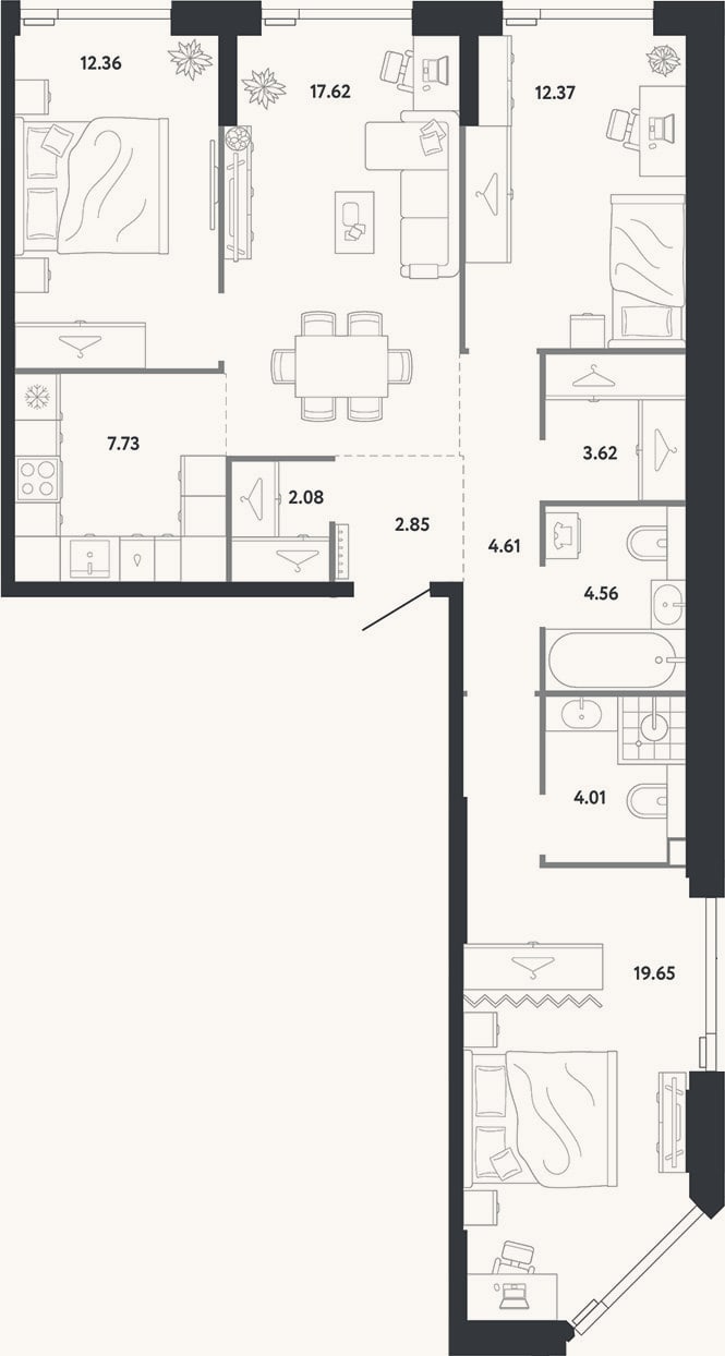 Планировка: 3-к, 91,5 м²