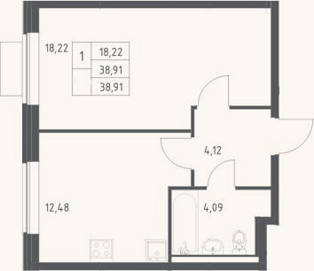 Планировка: 1-к, 38,9 м²