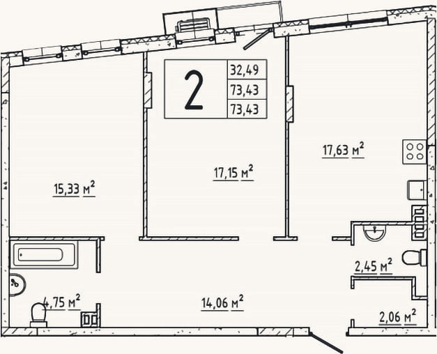 Планировка: 2-к, 73,4 м²