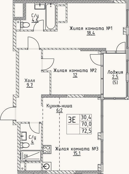Планировка: 3-к, 70 м²