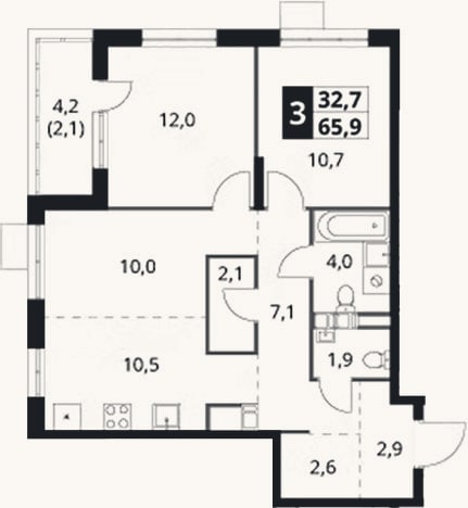 Планировка: 3-к, 63,8 м²