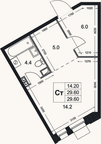 Планировка: Студия, 29,6 м²